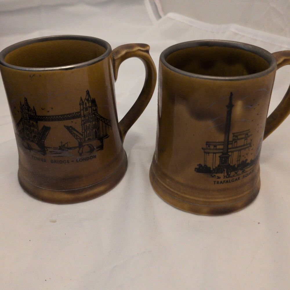 Vintage Wade Ireland London Mugs Pair Tower Bridge & Trafalgar Square Steins